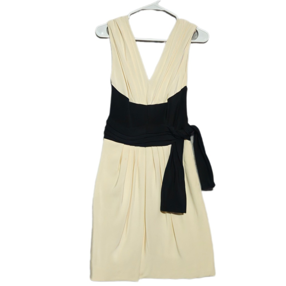 Vintage Odicini Couture Silk Dress Womens 44 Cream Black V-Neck Italian Mini